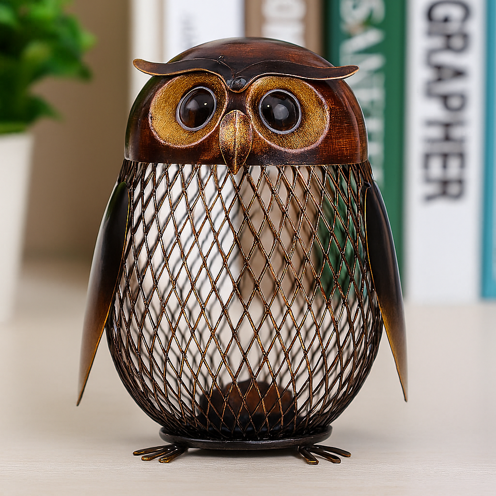 Tirelire hibou sculptée en métal
