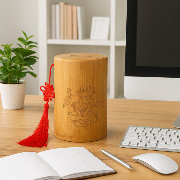 Tirelire bambou cylindrique gravée – Image 2