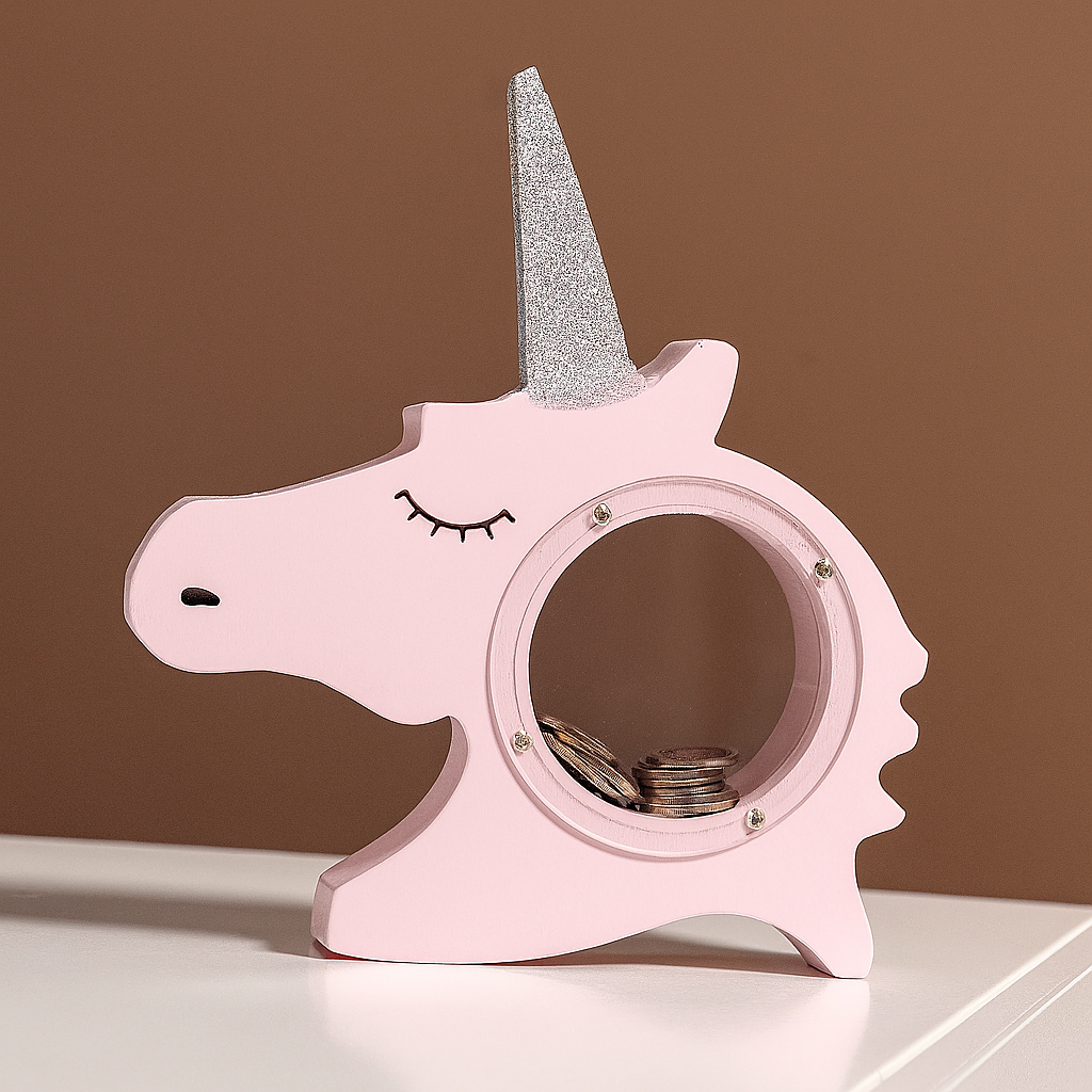 Tirelire licorne transparente rose avec fenêtre d'observation