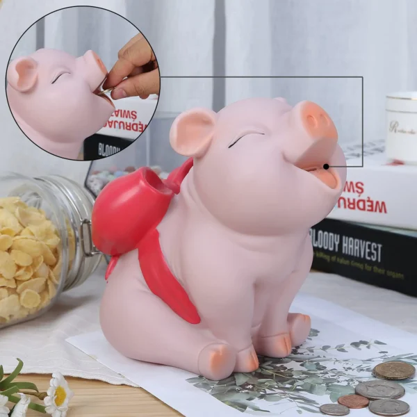 Tirelire cochon rose avec nœud rouge – Image 2