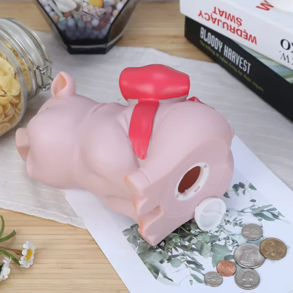 Tirelire cochon rose avec nœud rouge – Image 3