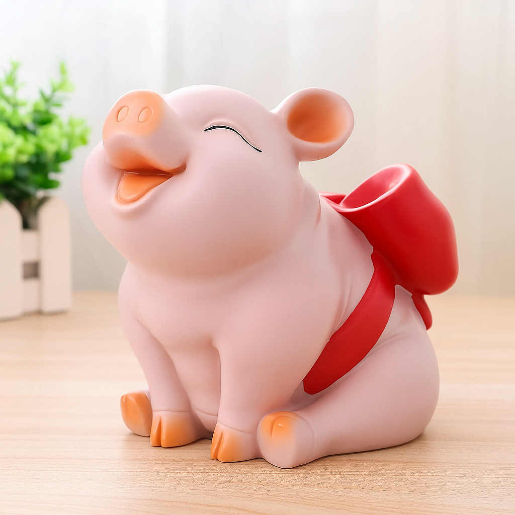 Tirelire cochon rose avec nœud rouge